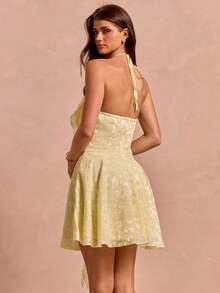 Enchnt Women's Elegant Pale Yellow Summer Halter Neck Dress,3D Floral Decor Ruffle Trim Solid Color Chic Holiday Vacation Outfits,Mother's Day Party - Yellow - View 7