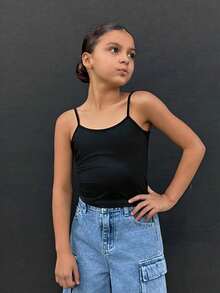 Dazy Kids Áo tank top hai dây màu trơn cỡ lớn dành cho bé gái - màu đen - Xem 2