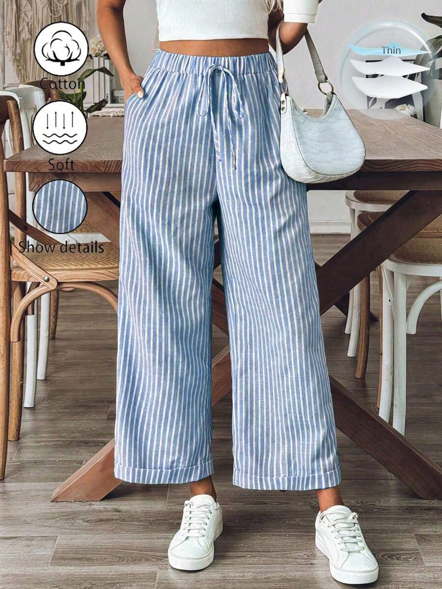 Breezaya Quần ống rộng kẻ sọc phong cách Old Money dành cho nữ, quần ống đứng thường ngày, trang phục Old Money - Xanh và trắng - Xem 1