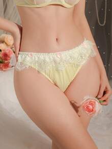 DelicateAllure Women's Romantic Contrast Color Bow Decor Contrast Lace Thong Panties - Yellow - View 3