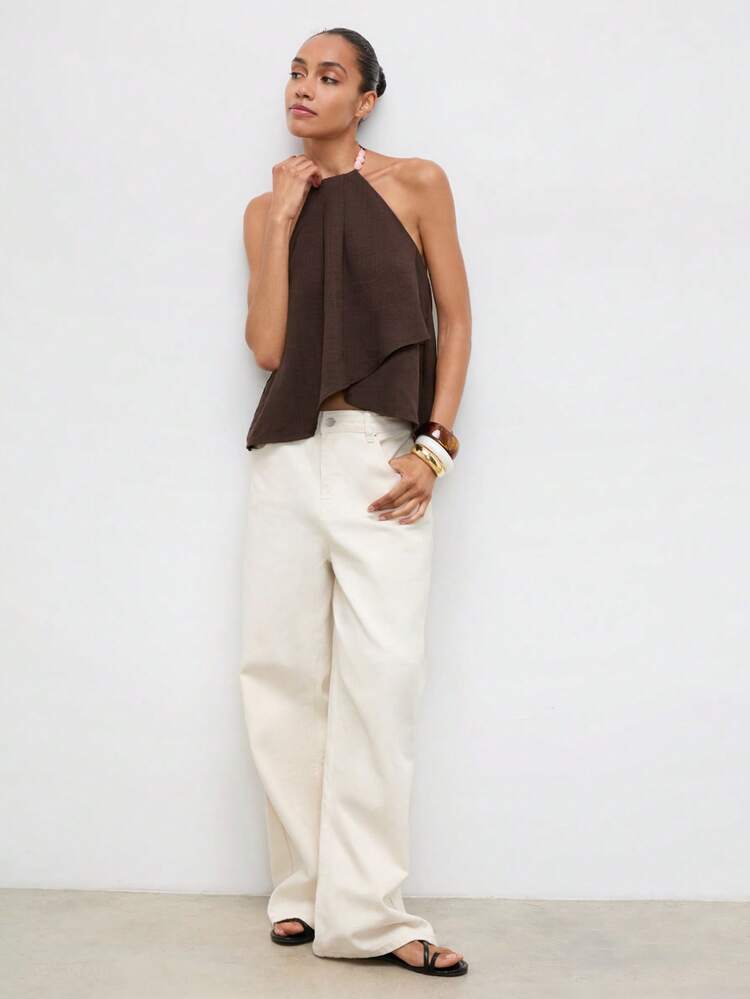 SHEIN Maija Women's Elegant Solid Color Backless Halter Top, Brunch Outfits,Summer Holiday Outfits Shades Of Brown,Going Out Outfits,Summer Top