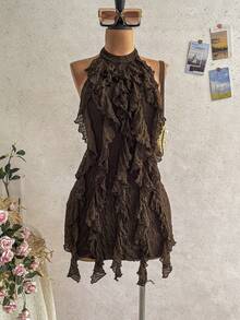 Soleia Vestido de mujer con cuello de lazo y volantes, versátil para vacaciones - Marrón - Ver 4