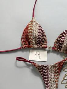 Swim Vcay Conjunto de Bikini de 2 Piezas con Tela Texturizada y Colgante Dorado, Traje de Baño Sexy para Mujeres en Vacaciones de Verano en la Playa - Multicolor - Ver 5