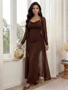 SHEIN Lady Bộ đồ vest đen dài tay & váy cổ chữ V thanh lịch 2 món cho mọi mùa - Màu nâu  Mocha - Xem 7
