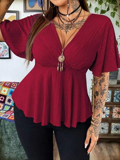 Whyspr Plus Size Summer Simple Solid V-Neck Ruffle Sleeve Hem T-Shirt