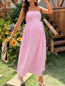 SHEIN Maternity Plaid Ruched Casual Vacation Dress - Pink - View 7