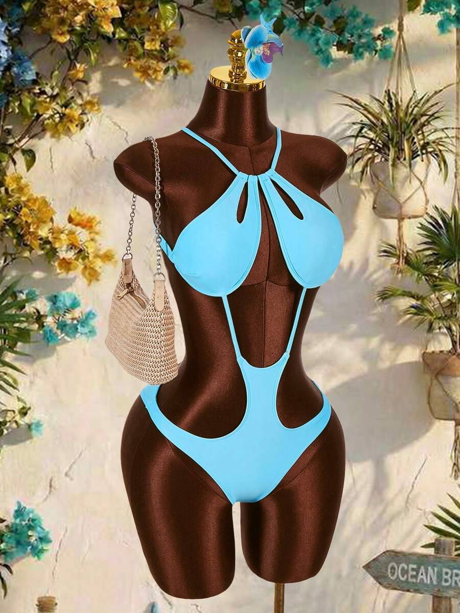 Amplova Women's One-Piece Swimsuit With Cutout Details, Sexy Tropical Avant-Garde, Suitable For Holiday Wear Bathing Suits For Women Beach Vacation Light Blue