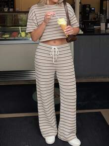 SHEIN EZwear 女士圆领条纹上衣搭配抽绳腰长裤休闲套装 - 卡其色 - 查看 9