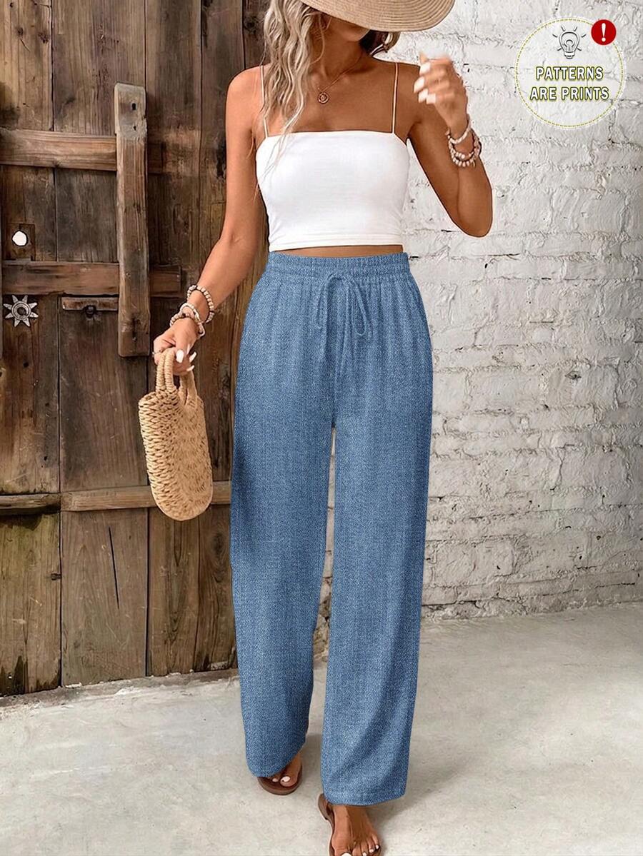 SHEIN Frenchy Women's Casual Minimalist Style Blue Mechanical Pattern Print Long Pants, Suitable For Spring And Summer - Multicolor - View 1