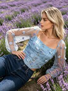 SHEIN Unity 女款花卉裝飾對比網格長袖優雅襯衫 - 藍色 - 查看 4