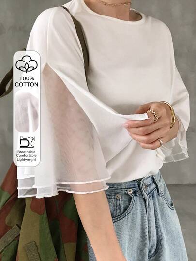 FRIFUL Camiseta transparente de mujer de manga corta, cuello redondo, unicolor, con parches de malla para el verano