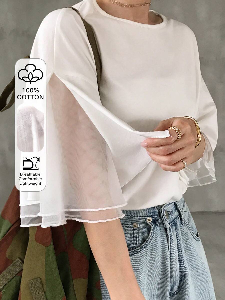 FRIFUL Women's Summer Solid Color Round Neck Short Sleeve Mesh Patchwork Sheer T-Shirt - White - View 1