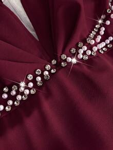 Viva Relle Plus Size Women's Elegant Romantic V-Neck Short Sleeve Flowing Dress, Spring/Summer - Burgundy - View 6