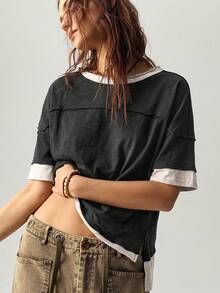 Bohemela Casual Knit Color Block Round Neck Loose Fit Short Sleeve T-Shirt For Women - Black - View 4