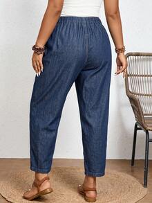 SHEIN CURVE+ CURVE+ Plus Size Women's Elastic Waist Barrel Leg Jeans, Casual Everyday & Comfort Pants For Women Wide Leg Pants For Women - Medium Wash - View 2