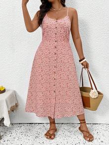 SHEIN Frenchy 大码女式碎花休闲无袖纽扣连衣裙 - 彩色 - 查看 8