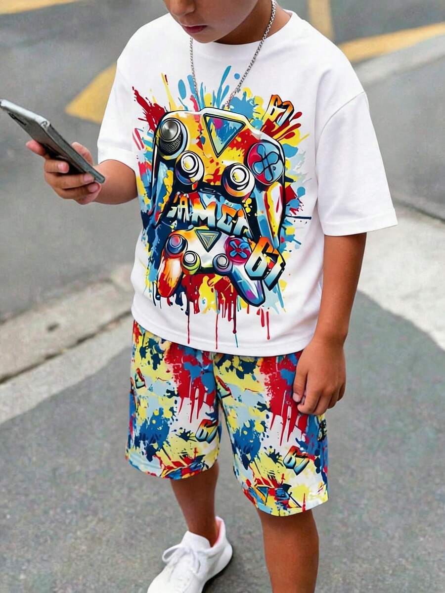 SHEIN 2件組兒童/青少年白色夏季街頭風城市度假電玩圖案紮染印花圓領寬鬆短袖T恤與短褲套裝,適合海灘 - 白色 - 查看 1