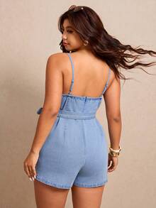 Elaquor Plus Size Women's Light Blue Summer Denim Romper,Smart Casual V-Neck Strapless Tie-Waist Jumpsuit,Vacation Breathable Cotton Cropped Denim Outfits - Blue - View 2