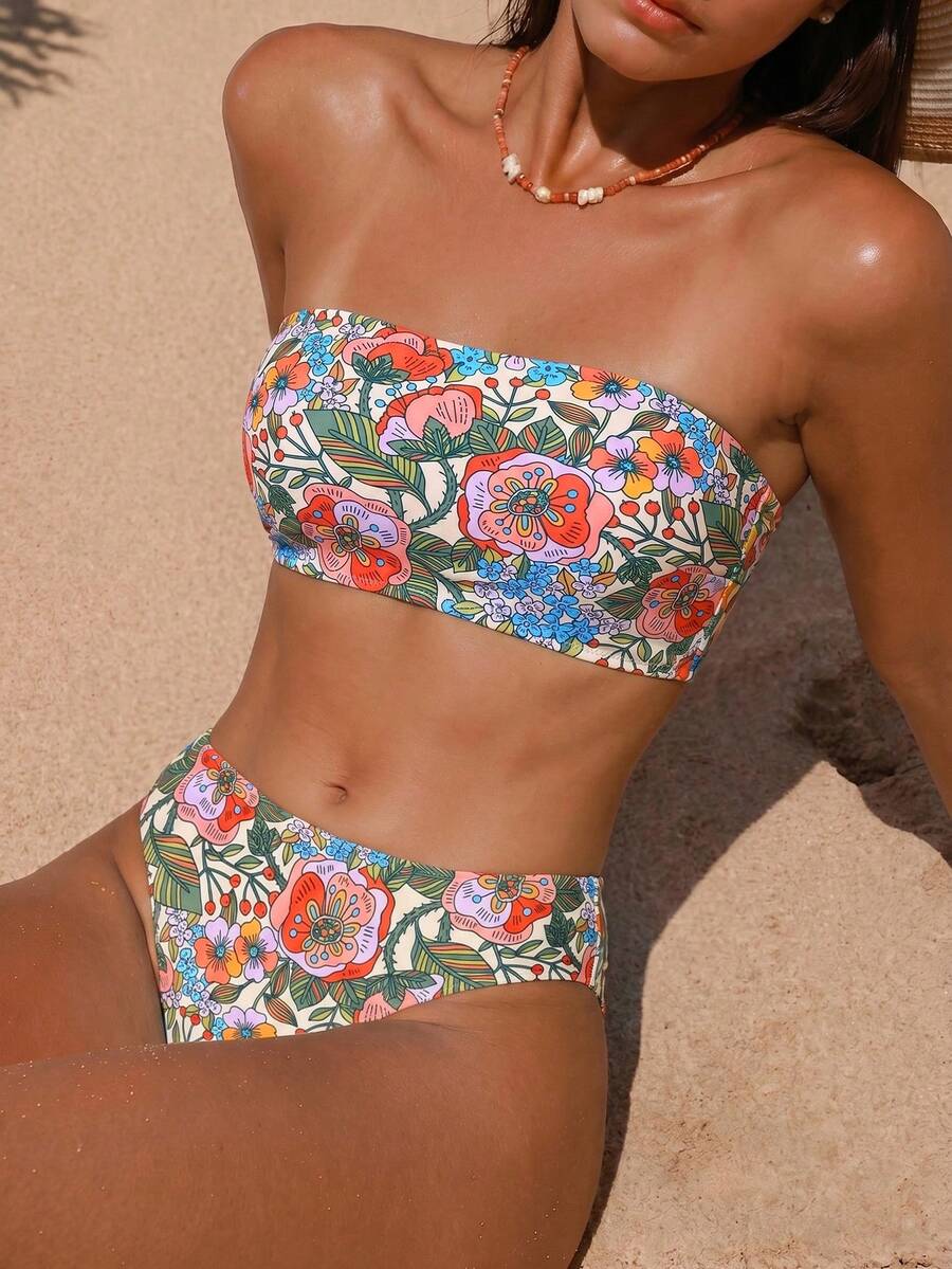 Swim Vcay 2pcs/Set Women Floral Random Print Strapless Bikini Swimwear Set, Suitable For Summer Beach Vacation - Multicolor - View 1