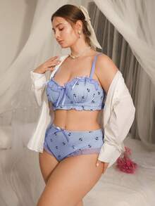 DelicateAllure 2 piezas Conjunto de sujetador de talla grande con copa moldeada, aros, inserto de malla, ribete de volantes, acento de lazo, levantamiento y realce, estampado de rayas - Azul - Ver 3