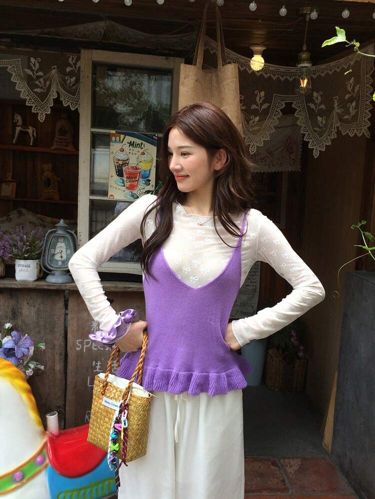 Women's Casual Spaghetti Strap Ruffle Trim Knit Camisole Top For Vacation