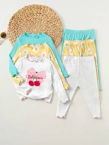 SHEIN 6pcs Baby Girl Knitted Solid Color Floral & Fruit Pattern Ruffle Collar Casual T-Shirt And Pants Set - Multicolor - View 4