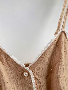 Qadelle Lace Crochet Camisole Top With Pearl Buttons, V-Neck Sleeveless Blouse, Delicate Style For Dates, Commuting, Slimming Inner/Outer Wear - Khaki - View 5