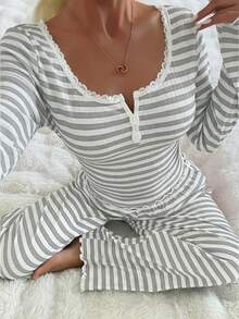 SHEIN Lace Trim Square Collar 2-Button Striped Print Long Sleeve Curve Pajamas Set , Fall & Winter Clothes - Light Grey - View 8