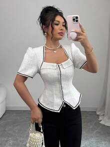 Elenzga Women Elegant Fitted Color Block Wave Patterned Short Sleeve Blouse - White - View 7