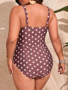 Swim Mod Plus Size Polka Dot Print Ruched Bust One-Piece Swimsuit - Coffee Brown - View 2