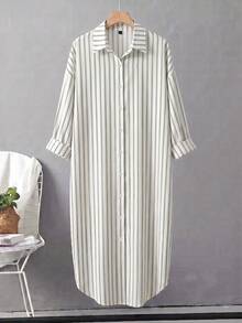 EMERY ROSE Plus Size Woven Loose Casual Minimalist Striped Shirt Dress Fall - Apricot - View 3