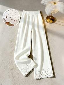 GlowEve CURVE Pantalon de couleur unie avec broderie ajourée pour femmes grandes tailles, vêtement chic à la française, décontracté, élégant et polyvalent - Blanc - Voir 5