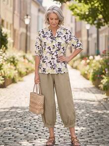 EMERY ROSE Middle-Aged & Elderly Women's Floral Print Shirt And Solid Color Pants Set - Multicolor - View 6