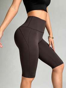 SHEIN Sports 女士高腰纯色弹力腰休闲百慕大短裤 - 棕色 - 查看 4