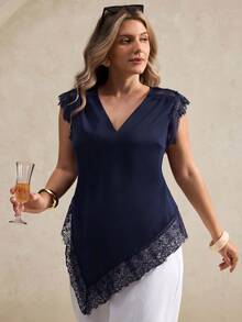 Elegantrix Plus Size Women's Elegant V-Neck Lace Trim Asymmetric Hem Blouse, Suitable For Daily And Office Wear, Spring/Summer - Navy Blue - View 5