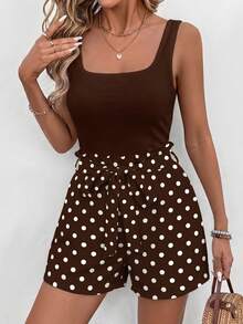 SHEIN LUNE Women's Vacation Casual Vintage Solid Color Tank Top And Polka Dot Print Shorts 2-Piece Set, Summer Outfits Chocolate Brown Brown Polka Dot - Multicolor - View 5