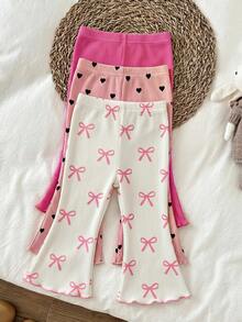 LMoss Kids 3pcs Baby Girl Knitted Solid Color Heart Pattern Integrated Flare Pants Set - Multicolor - View 3