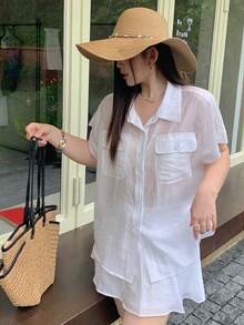 Dazy Plus 韓式透視寬鬆翻領裙大尺碼女款春夏兩件套 - 白色 - 查看 9