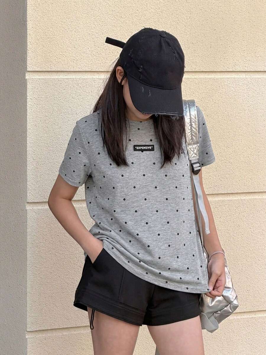 Dazy Kids 青少年女孩波點短袖T恤,秋季衣物夏季 - 灰色 - 查看 1