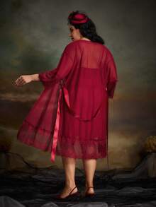 PinupPomp Plus Contrast Lace Mesh Robe & Cami Dress PJ Set / Pajama Set - Burgundy - View 3