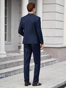 Officeau 2pcs/Set Men's Wedding Suit, Jacket And Pants, Suitable For Wedding, Party, Gathering - Navy Blue - View 2