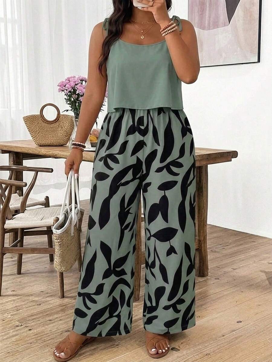 SHEIN Frenchy 大码女式热带植物印花连体裤 - 彩色 - 查看 1