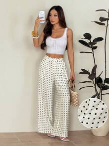 SHEIN PETITE Women's Spring/Summer New Polka Dot Wide Leg Pants With Slant Pockets - Apricot - View 7