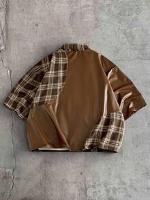 AXEPEAK Áo sơ mi nam họa tiết kẻ caro, cài nút trước, dáng rộng thoải mái, tay ngắn - Màu Khaki - Xem 2