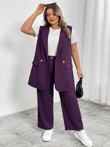 SHEIN CURVE+ Plus Size Lapel Collar Double Button Vest Blazer Workwear Graduation,Back To School,Teacher Outfits For Women In Fall/Winter - Purple - View 1