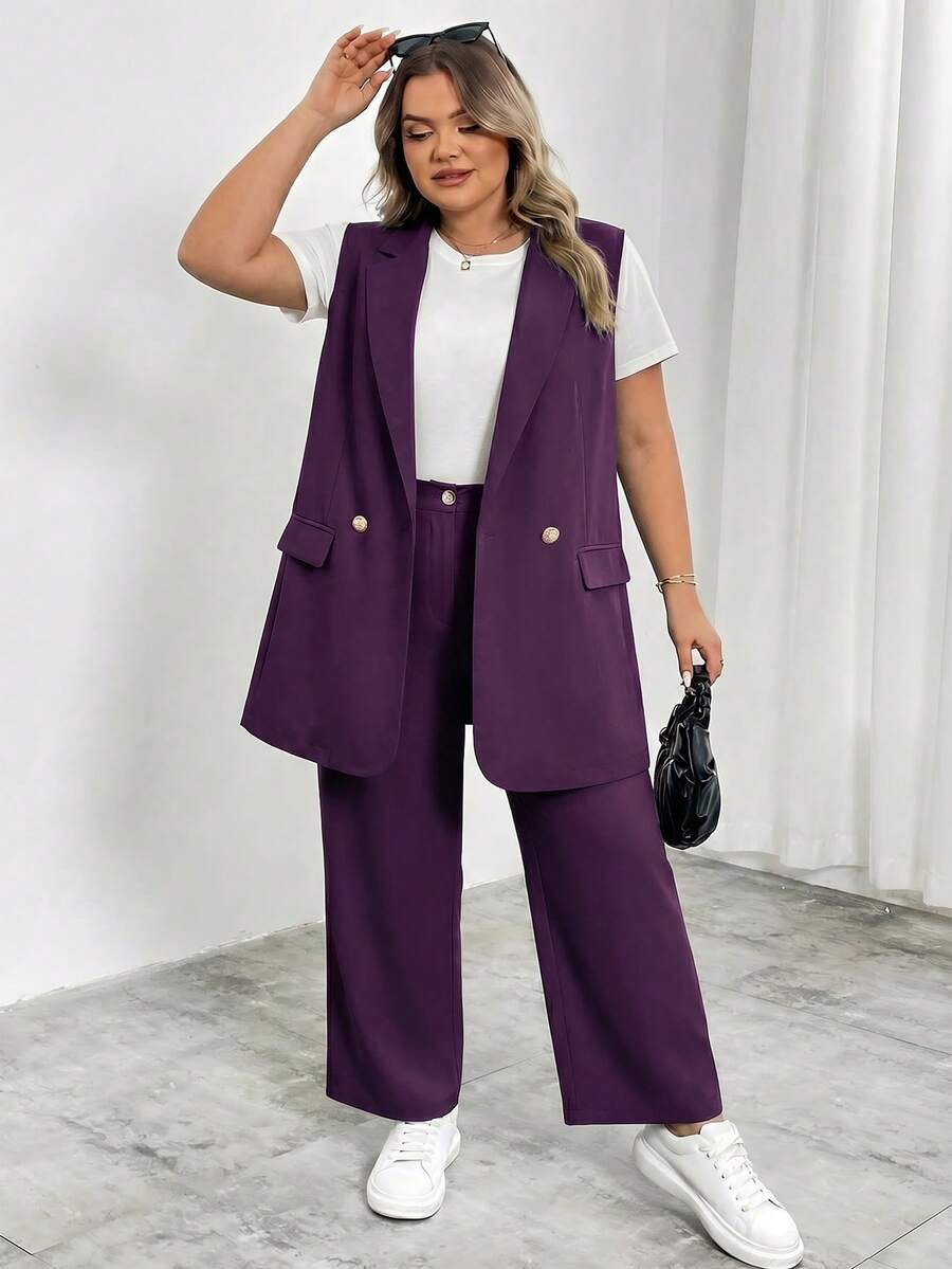 SHEIN CURVE+ Plus Size Lapel Collar Double Button Vest Blazer Workwear Graduation,Back To School,Teacher Outfits For Women In Fall/Winter - Purple - View 1
