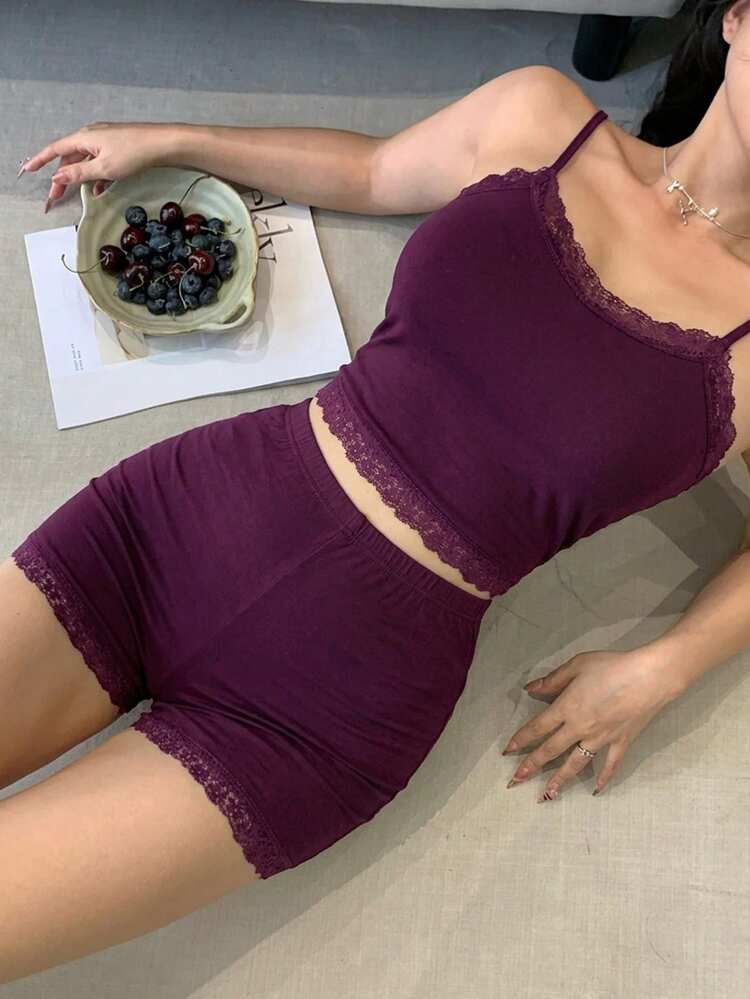 Sexy Lace Patchwork Camisole & Super Short Shorts Women Pajama Set