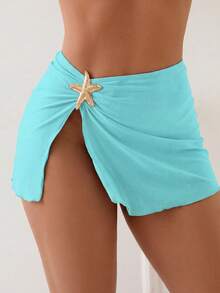 SHEIN Swim 1件装女士性感纯色侧开衩海星装饰沙滩罩衫 - 薄荷藍 - 查看 3