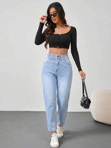 SHEIN Tall Quần jeans ống đứng cạp cao co giãn dành cho nữ dáng cao, thoải mái thường ngày và phù hợp mặc hàng ngày. - Màu xanh lam - Xem 7