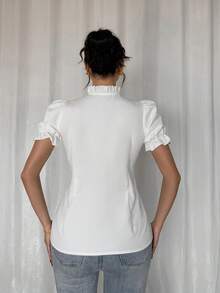 Rafferiza Ruffle Elastic Cuff Bowknot Blouse - White - View 2